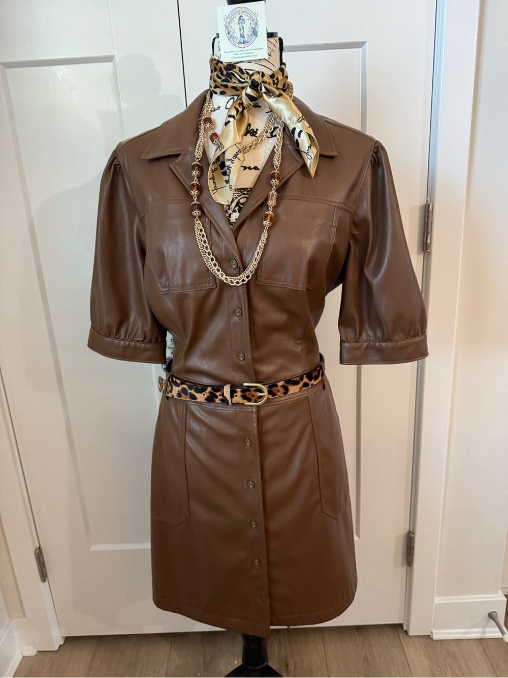 New Mayslie Button front faux leather mini dress size L